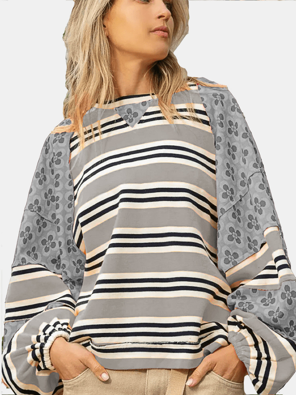 Flower & Striped Print Round Neck Sweatshirt