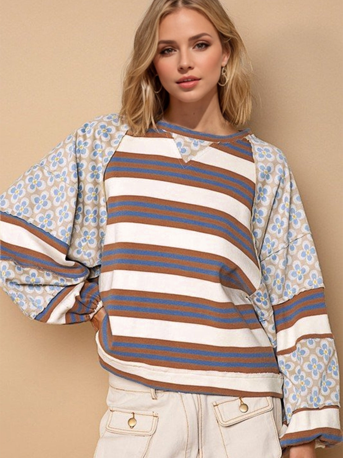 Flower & Striped Print Round Neck Sweatshirt